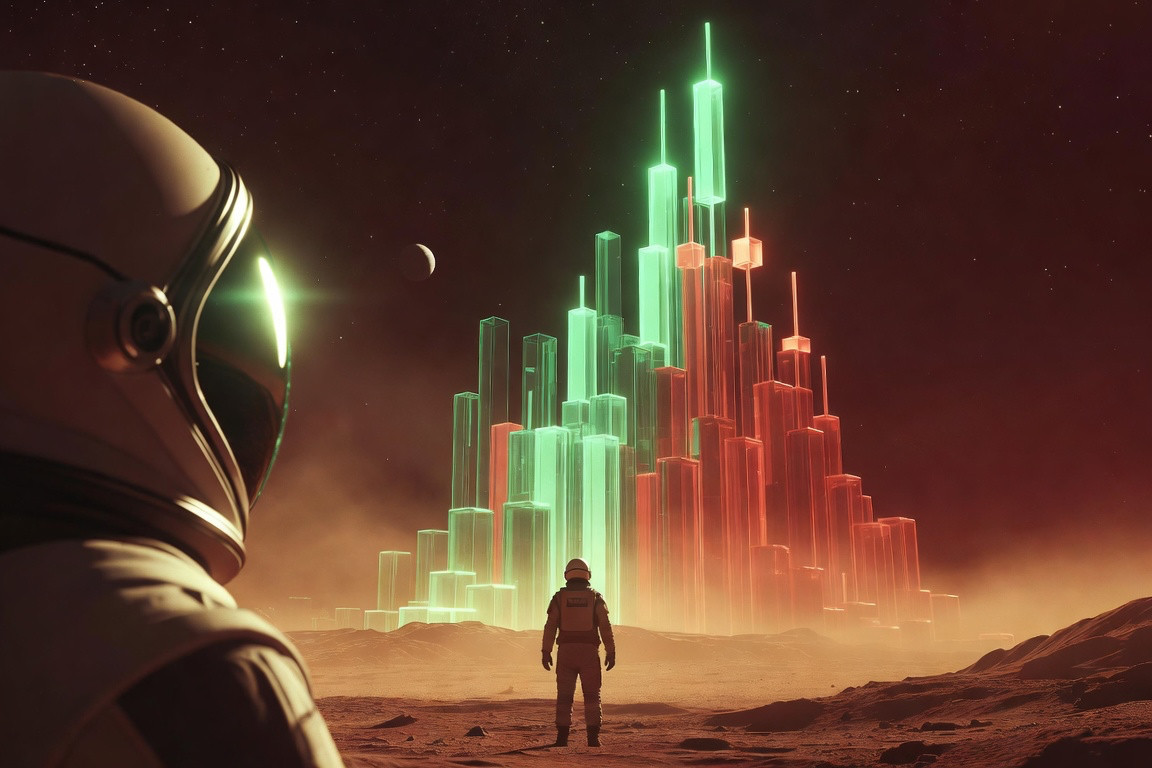 An astronaut stands on the rust-colored Martian surface gazing up at a towering skyline of glowing green and red 3D bar-chart columns, a second astronaut's visor reflecting the green glow in the foreground, under a dark starry sky with a small moon